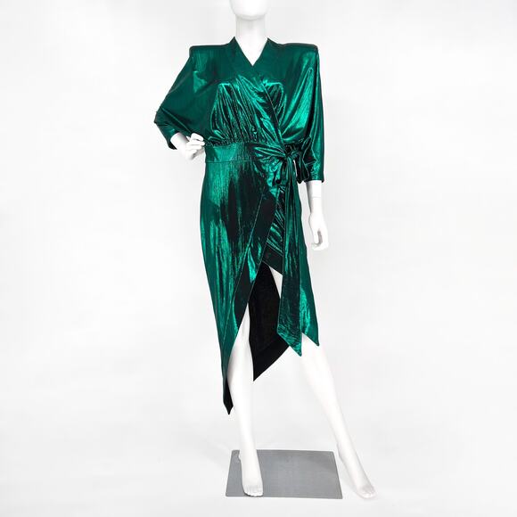 Zhivago Picture This Wrap Dress Women’s 6 Emerald Metallic Shoulder Pad Midi - Picture 2 of 5